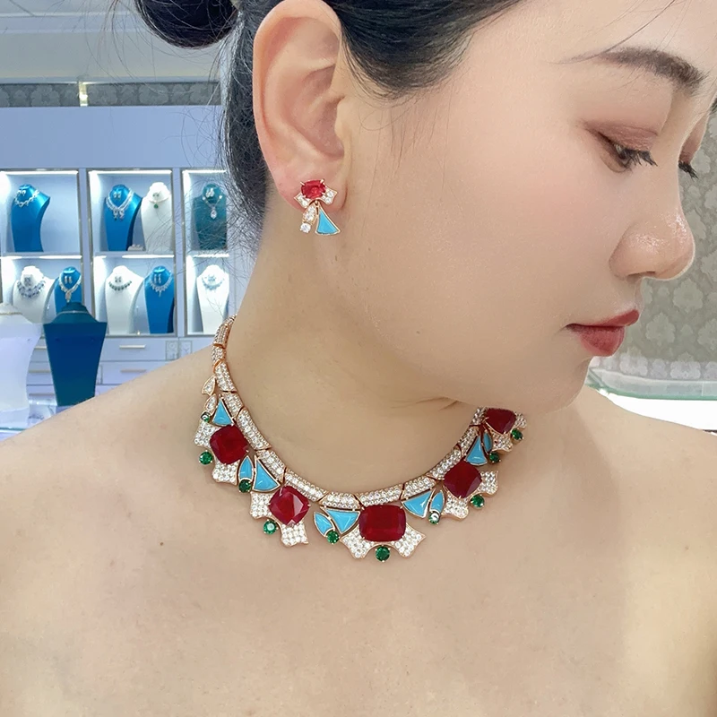 Designer Collection Earrings Choker Necklace Women Lady Inlay Cubic Zircon Synthetic Ruby Turquoise Pendant Party Jewelry Sets