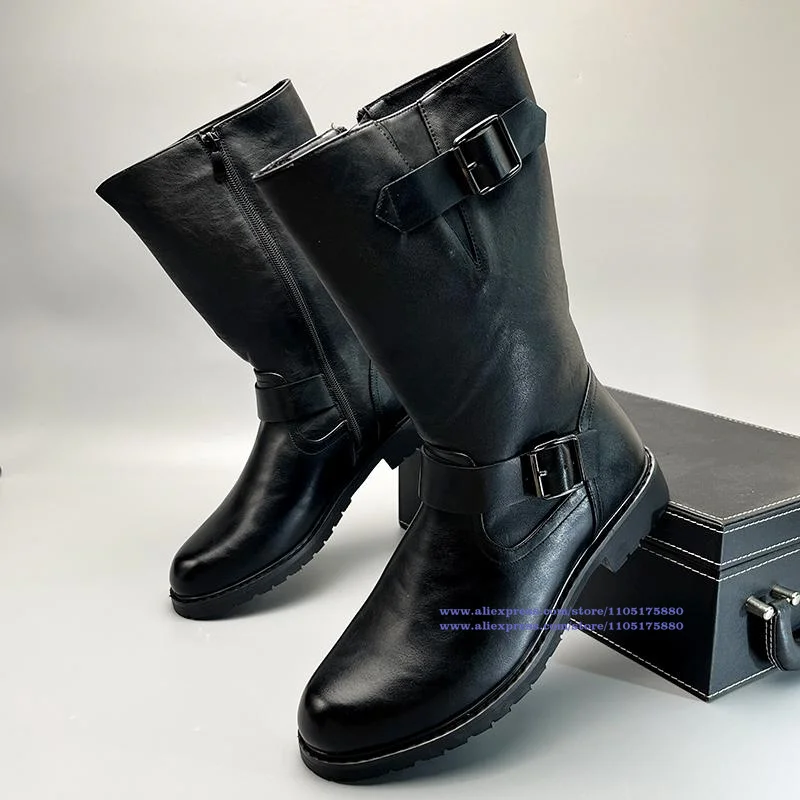Black Leather High Top Men's Boots Buckle Strap Side Zipper Motorcycle Boots Trendy Luxury Designer Men's Shoes Botas Mujer