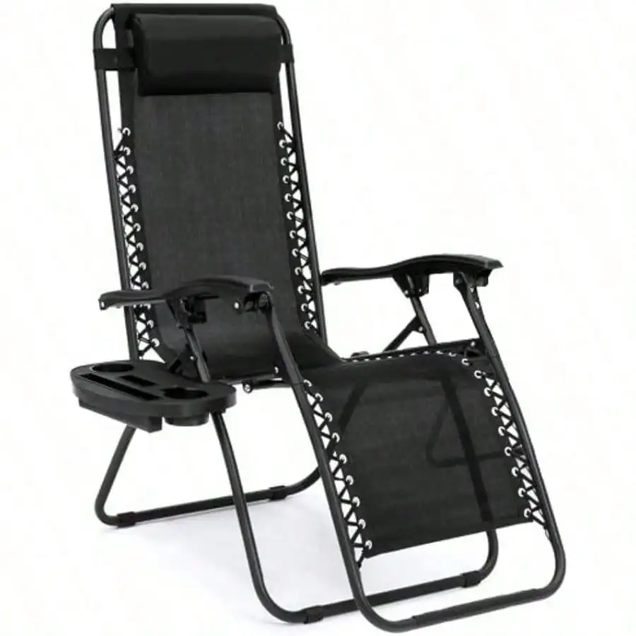 

Chair Zero Gravity Lounge Chairs Outdoor Adjustable Reclining Steel Mesh Folding Recliner For Pool Beach With Pillows, Cup Tray
