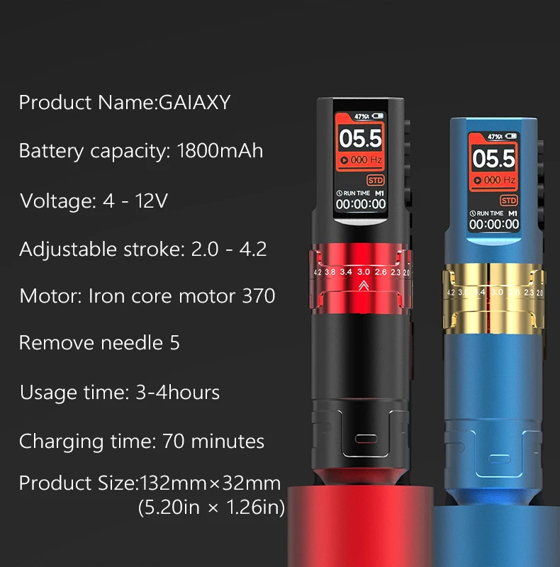 GAIAXY Wireless Tattoo Pen Machine Adjustable Stroke Rotary Tattoo Gun 1800mAh Battery Digital Display Tattoo Machine for Artist