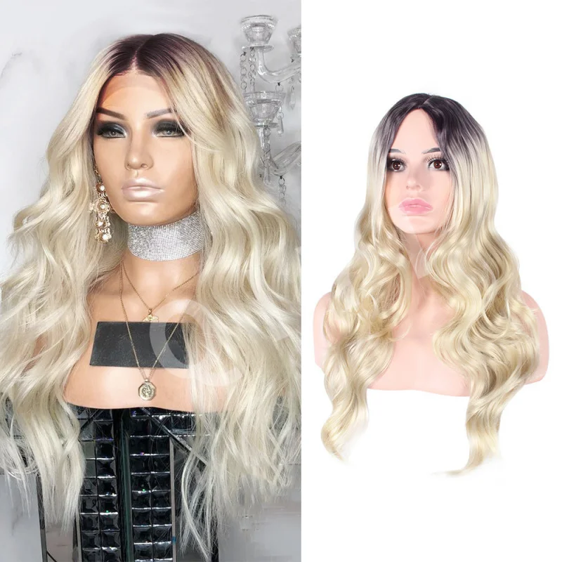 

European and American Style Women's Wig Middle Part Corn Perm Fashionable Slightly Curly Water Wave Medium Length Hair Air Bangs
