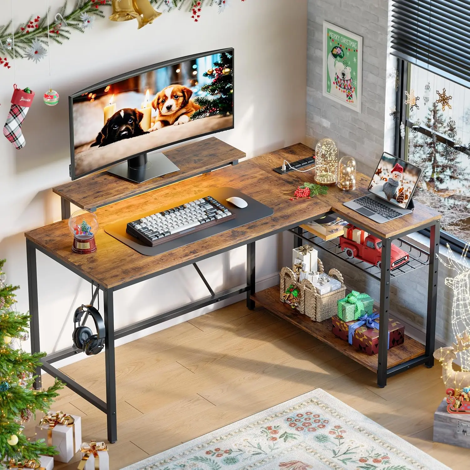 58 L Shaped Desk with Power Outlets,Home Office Corner Desk with Reversible Shelves & LED Lights,Rustic Brown