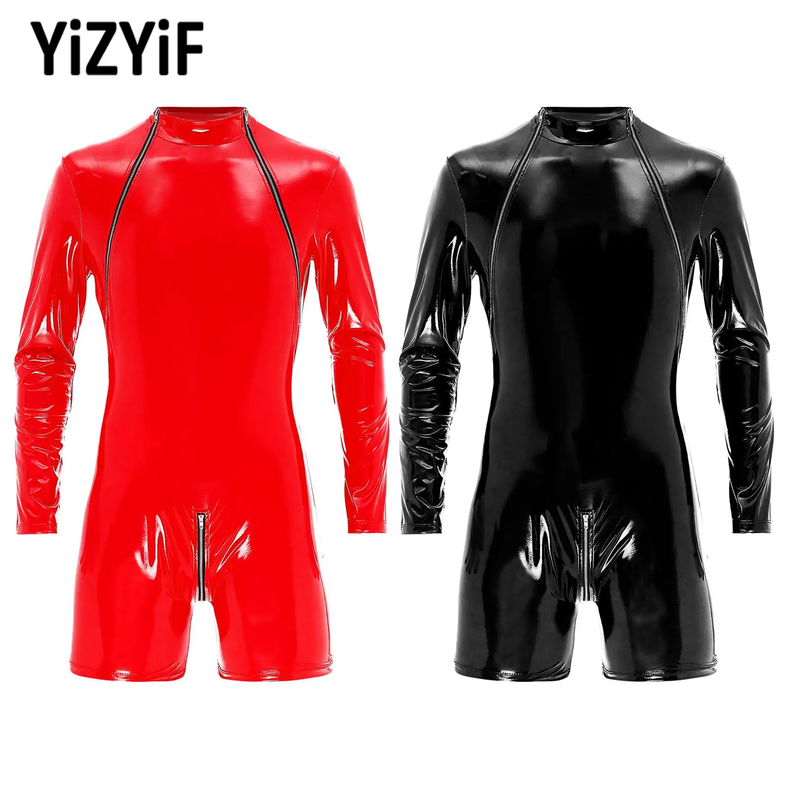 Mens Leather Zipper Crotch Jumpsuit Wet Look PatentMock Neck Bodysuit Club Dance Performance Costume Nightclub Sexy Bodysuit