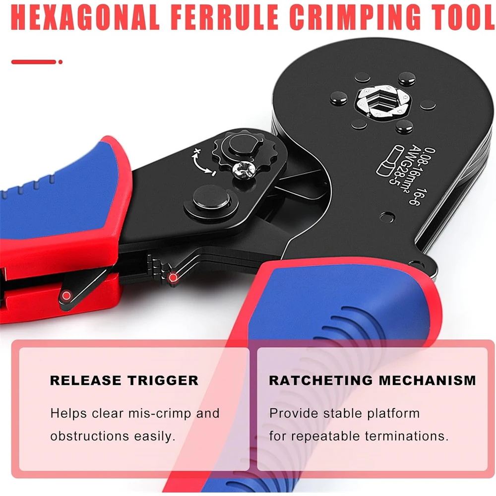 أداة تجعيد الطويق السداسية، أداة تجعيد 16-6 حلقات ومكشكش سلكي سداسي لأكمام نهاية الكابل 28-5 AWG/0.08-16mm2
