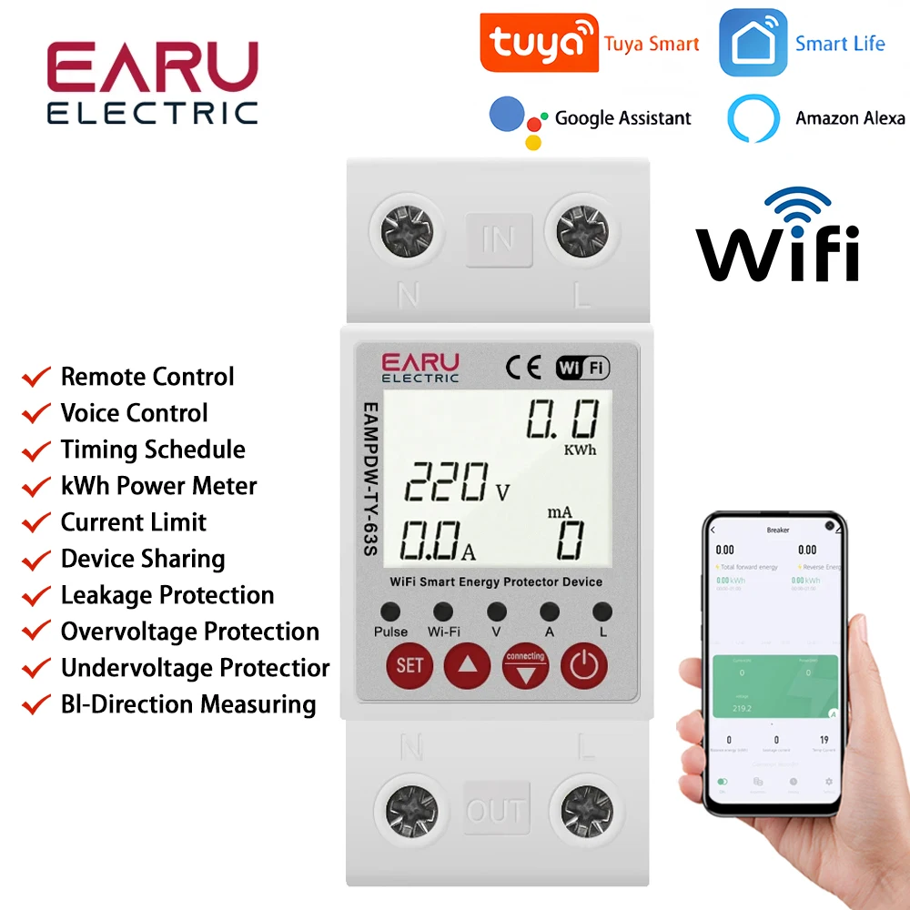 

63A Tuya Smart WiFi Circuit Breaker Switch BI-Direction Measuring Earth Leakage Over Under Voltage Protector Energy Power Meter