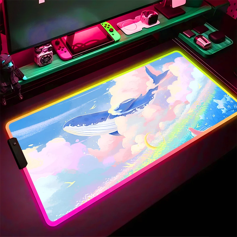 لوحة ماوس RGB LED مطاطية عالية الدقة لوحة ماوس نمط لوحة ألعاب ملحقات الكمبيوتر حصيرة مكتبية غير قابلة للانزلاق مفرش طاولة مكتب سحابة الحوت لوحة المفاتيح