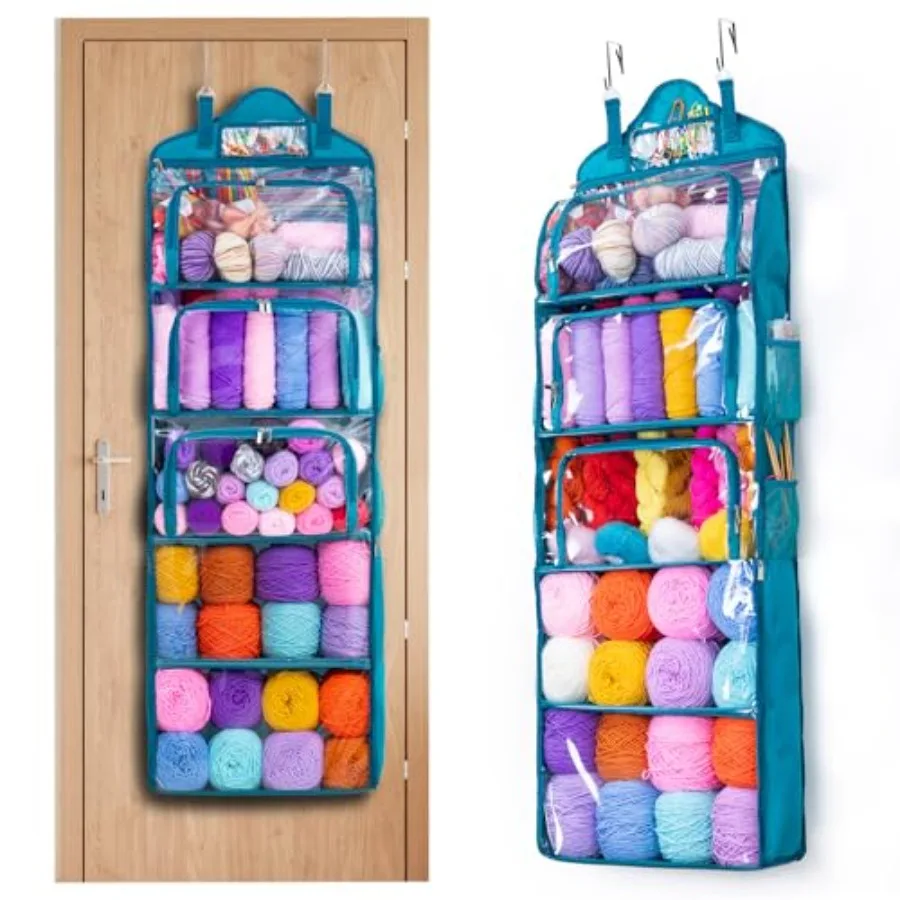 

Hanging Yarn Storage Organizer Over-The-Door Crochet Organizer with Both Front and Side Zipper Closure -Large Capacity Clear Ya