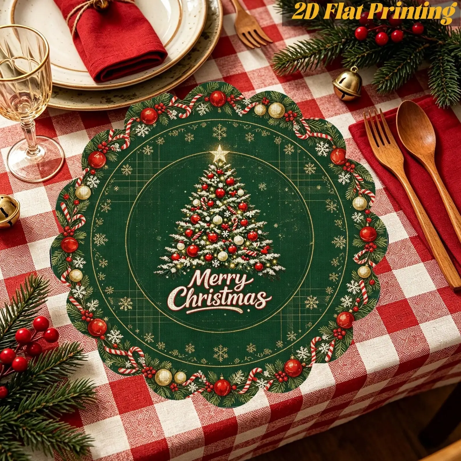 6PCS Rustic Green Xmas Tree Scalloped Edge Placemat | Single Table Use,Outdoor Camping Gathering,Photo Prop,Home Soft Furnishings,Portable Table Pad,Holiday Present | Thanksgiving & Christmas Gifts