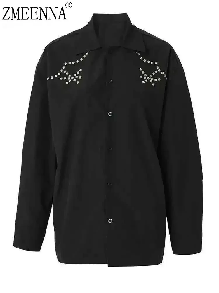 

ZMEENNA Black Embellished Button Down Shirt Long Sleeve Casual Loose Fit Blouse With Studs Trendy Style Top Everyday ZM3204