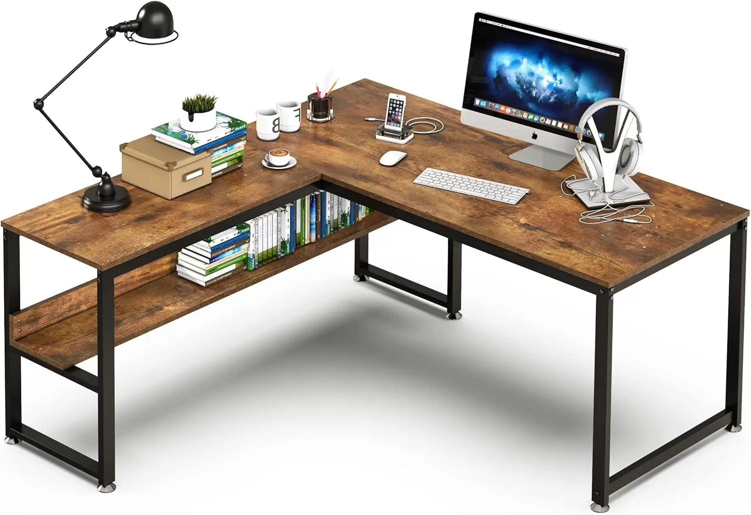 Modern Industrial Style L Shaped Desk with Storage Shelves 55-inch Gaming Table Rustic Brown  Computer Desk for Home Office