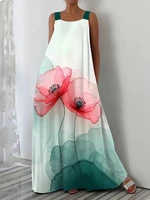 Vestido de talla grande europeo y americano transfronterizo de primavera y verano, gran oferta, informal, con estampado de vacaciones y bolsillo con tirantes