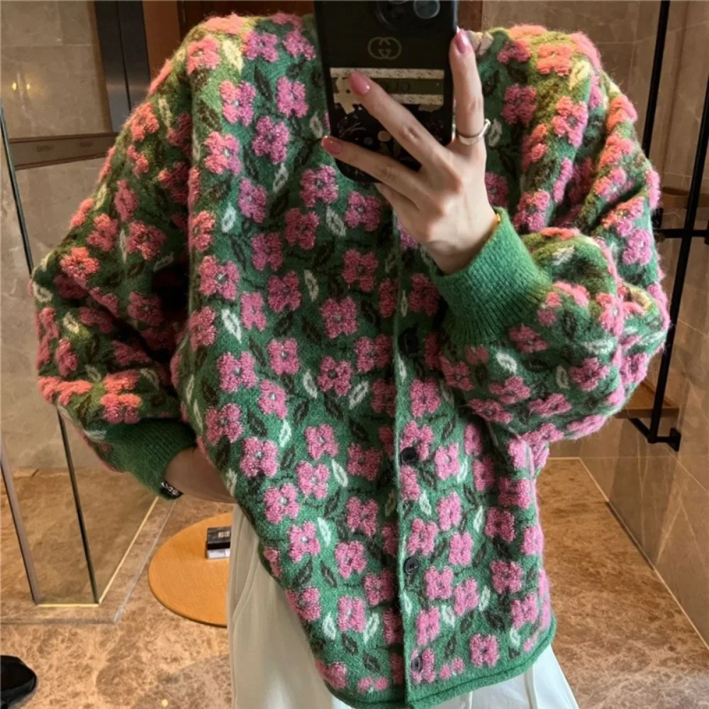 

Autumn Winter Knit Cardigan Women Flowers Sweater Knitting Coat Round Collar Single Breasted Knitwear Loose Fit Casual Sweaters