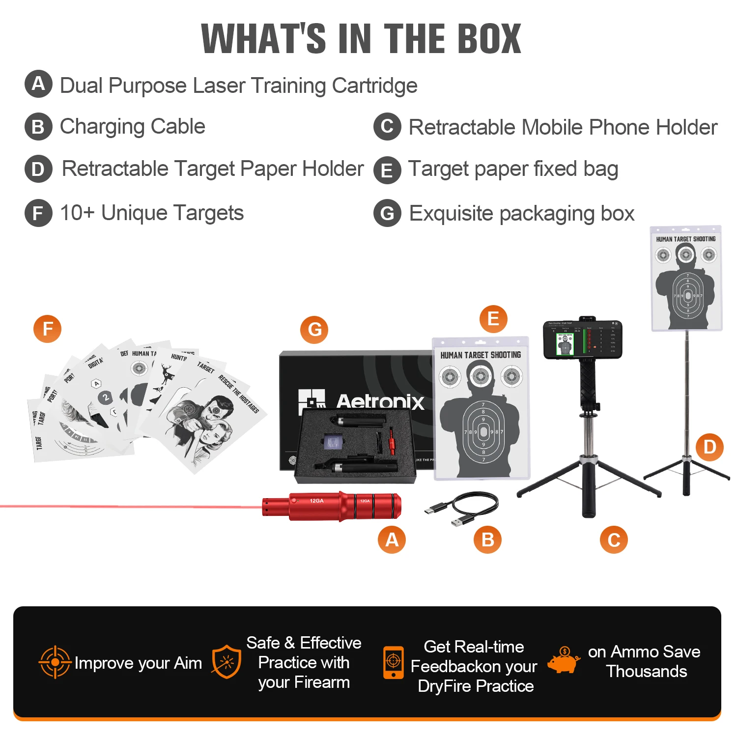 

12GA dual-purpose red dot laser trainer with extendable target paper holder and phone holder for aiming training