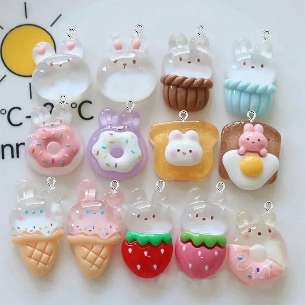10Pcs Transparent Rabbit Donut Flatback Resin Charms Cute Pendants For DIY Earrings Bracelets Hairpins Jewelry Making Decor