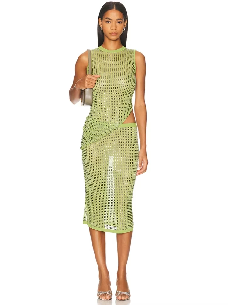 2025 Vrouwen Celebrity Sexy Mouwloze Groene Diamanten Midi Twee Stukken Rok Set Elegante Avond Club Party Outfits