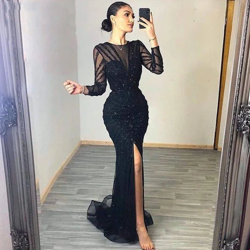 Black Sexy Mermaid Round Neck Long Sleeve Vestido de noite Luxury Dubai Side Split Frisado Sequins Vestidos de noite formais para mulheres