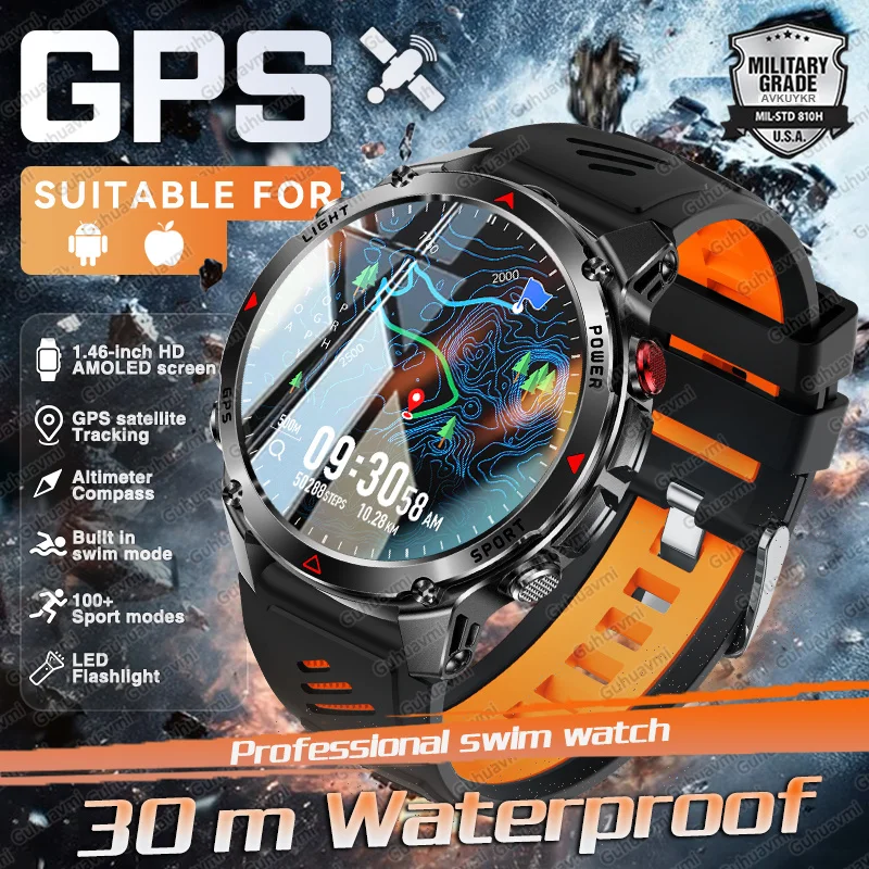 

New GPS Military Outdoor Sport Swim Smart Watch Men AMOLED Display 3ATM Waterproof Flashlight Compass Call Heart rate Smartwatch