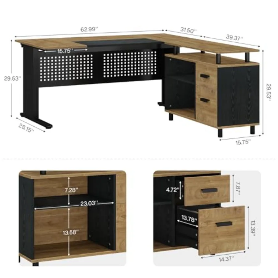 63 Inch Executive Desk with File Cabinet, Large Office Desk L Shaped Computer Desk with Drawers and Storage Shelves, Business F