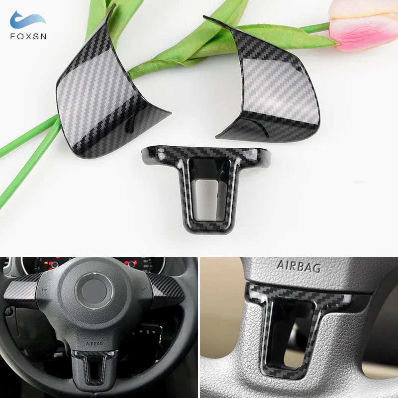 For VW Golf 6 MK6 Jetta Bora Polo Touran Caddy Eos 3pcs Car Steering Wheel Panel Cover Trim ABS Carbon Fiber Grain Accessories