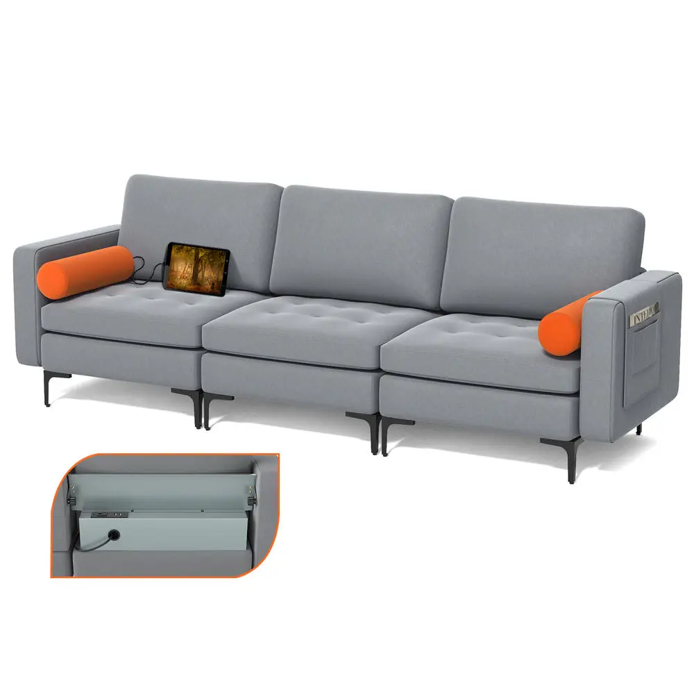 Costway Modular 3-Seat Sofa Couch w/ Socket USB Ports & Side Storage Pocket Ash Grey