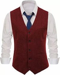 Męska kamizelka w jodełkę V Neck wełniana kamizelka Casual formalne pojedyncze piersi biznes Groomsmen wesele bez rękawów Tank Top