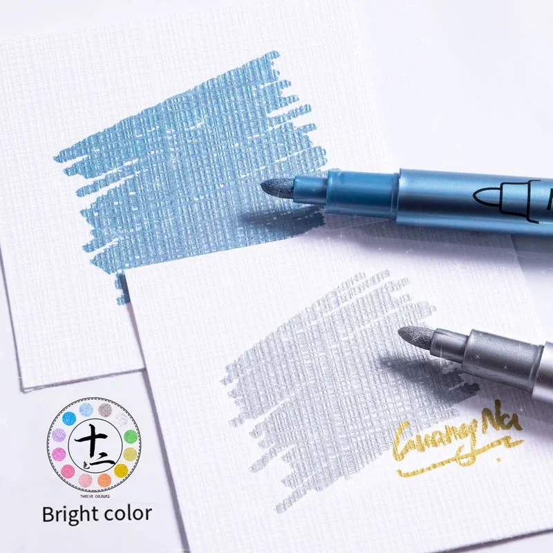 12PCS Color Bingene Metal Pen Highlight Stick Diy Painted Signature Pen Craft Pen Water-Based Painting Pen Marker Pen