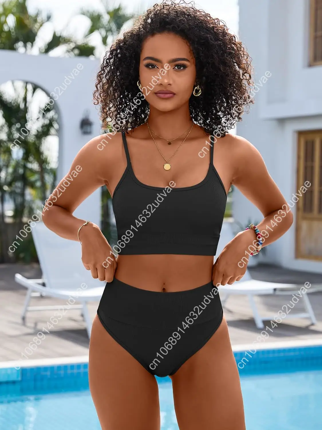 Bikini Sets for Women 2 Piece High Waisted Tummy Control Color Block Summer Beach Swimsuit Ribbed Swim Bathing Suit