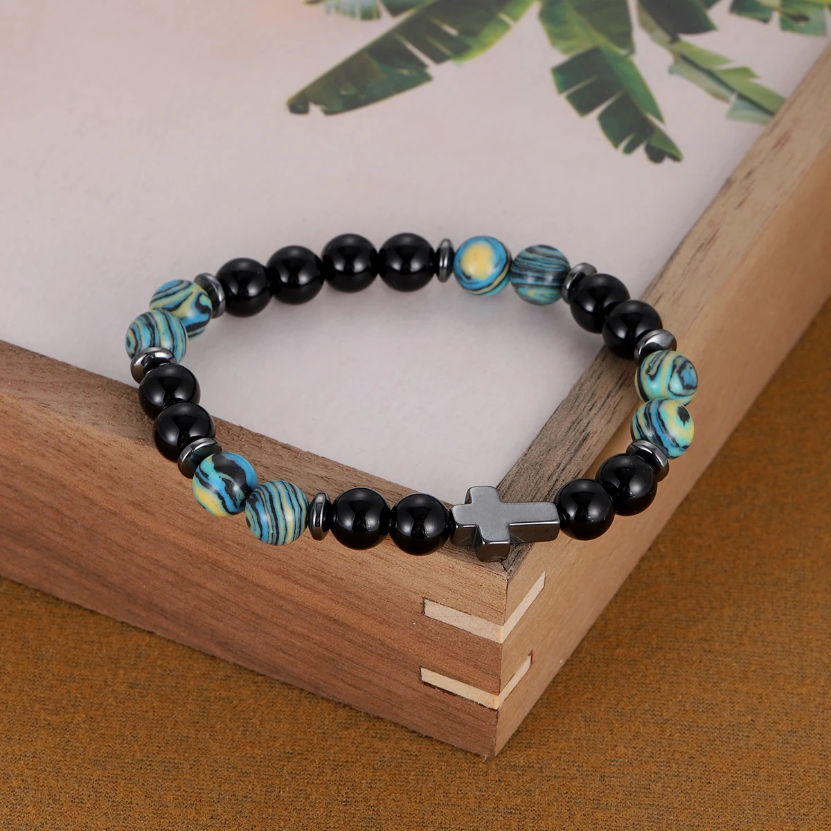 Natural Stone Hematite Stainless Steel Cross Bracelet Women Men Elastic Rope Tiger Eye Blue Jades Bead Bracelets Charm Jewelry