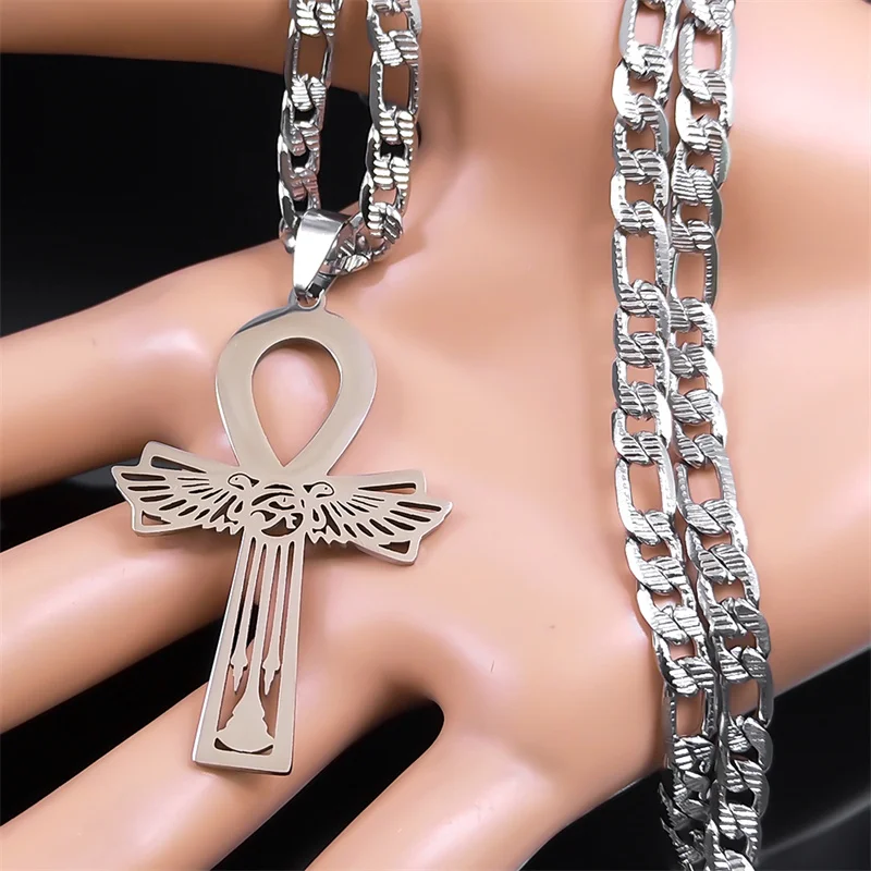 عنخ المصري الصليب عين حورس أجنحة الأفعى قلادة الرجال الفولاذ المقاوم للصدأ مفتاح الحياة الكوبية سلسلة القلائد مجوهرات N9730S05 #5