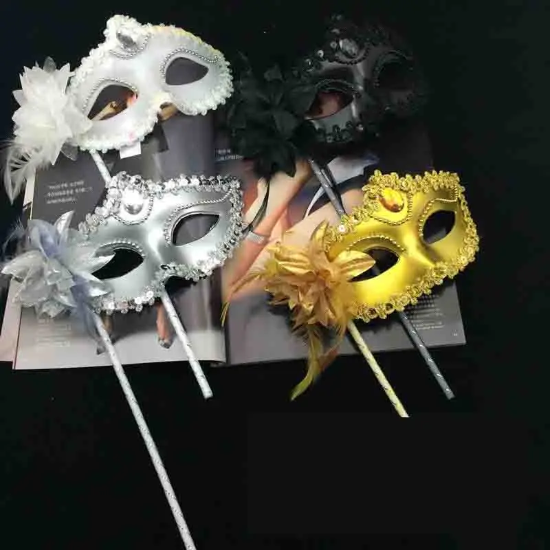 Women Handheld Masquerade Masks White Lace Veil Translucent Half Face Mask On Stick Side Feather Flower Festival Costume Party