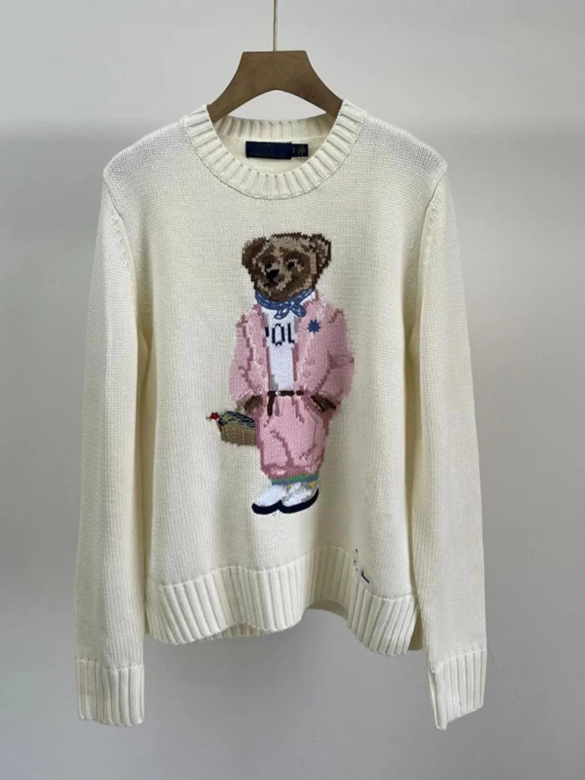 

Осень-зима женский круглый вязаный свитер из чистого хлопка удобный повседневный пуловер с рисунком медведя топ женская мода