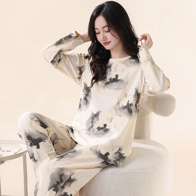 Women Pure Cotton Pijamas Geometric Print Pajama Sets Sleepwear Long Sleeve Tops+Long Pants Pajamas Home Clothing Pyjamas Female