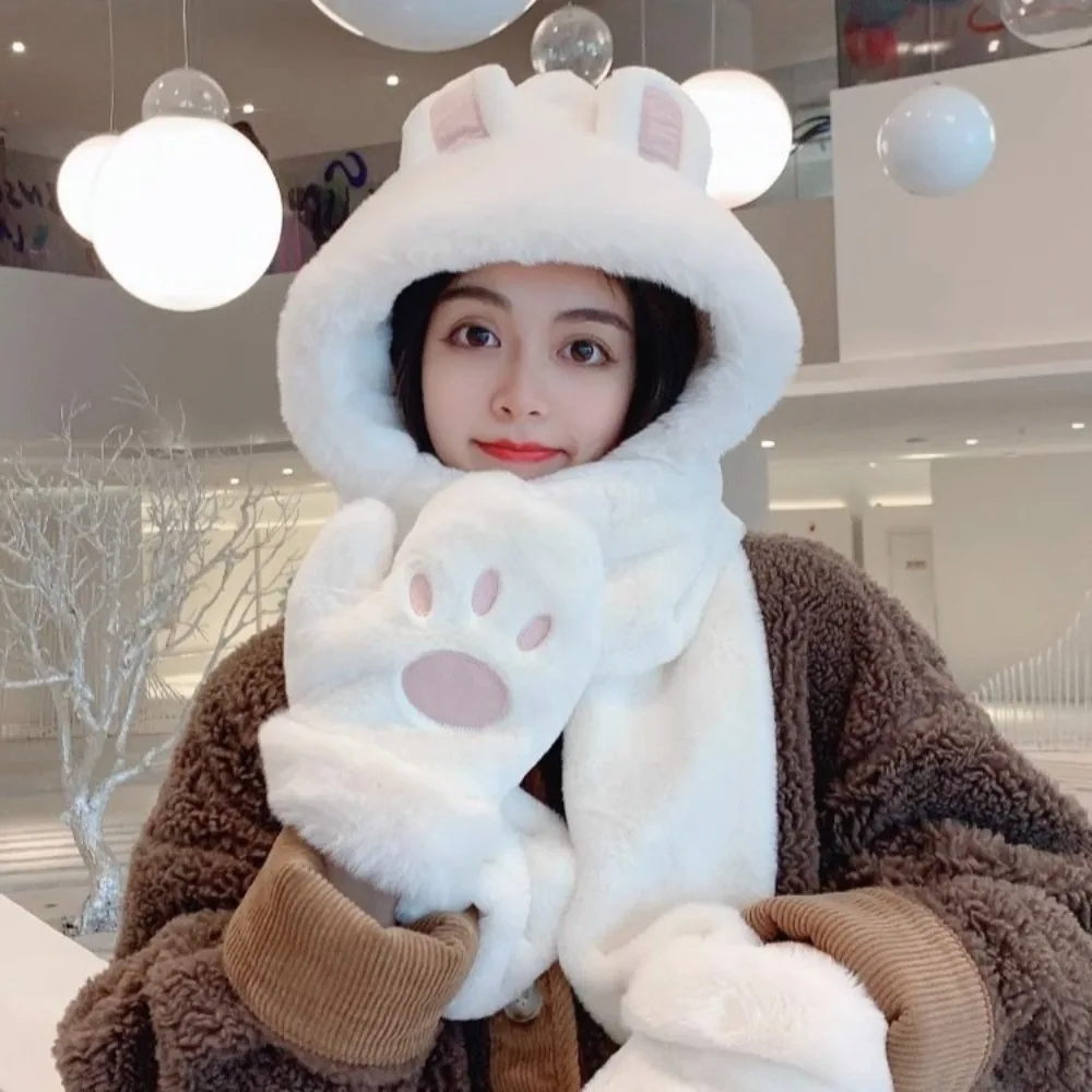 

Winter Rabbit Ear Shape Integrated Cap Scarf Gloves Windproof Thickening Ear Protection Cap Warm Casual Neck Warmer for Women