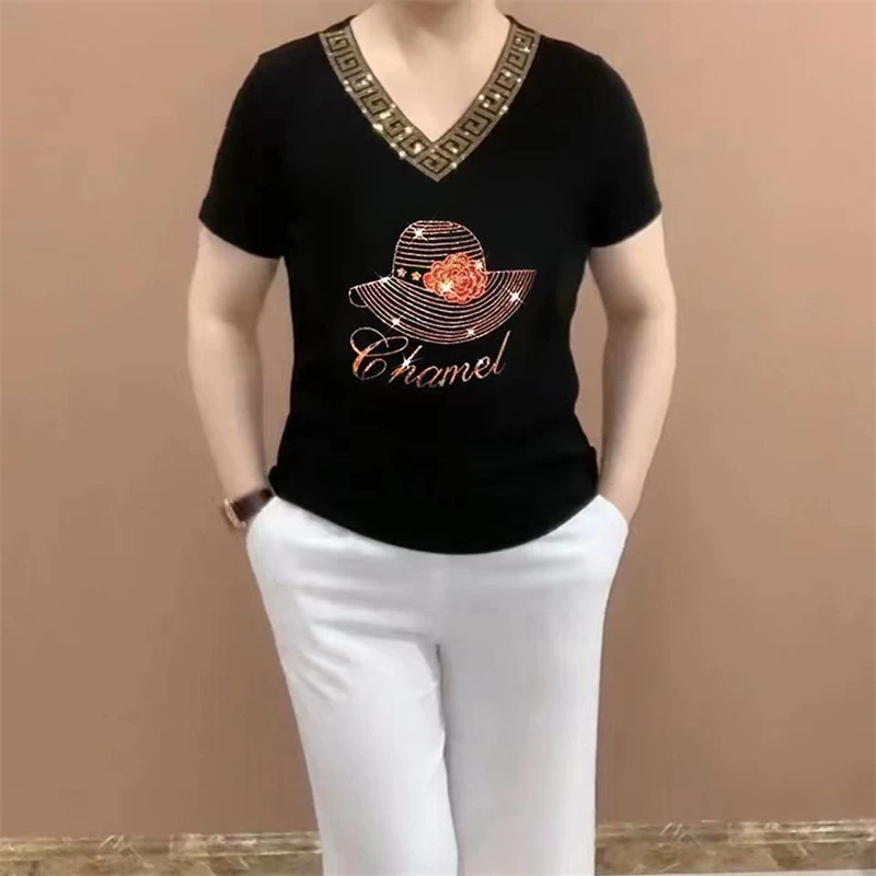 Women\'s Clothing 2024 Summer Fashion Rhinestone Elegant Short Sleeve Ice Silk T-shirts Ladies Casual V Neck Slim Fit Basic Tops