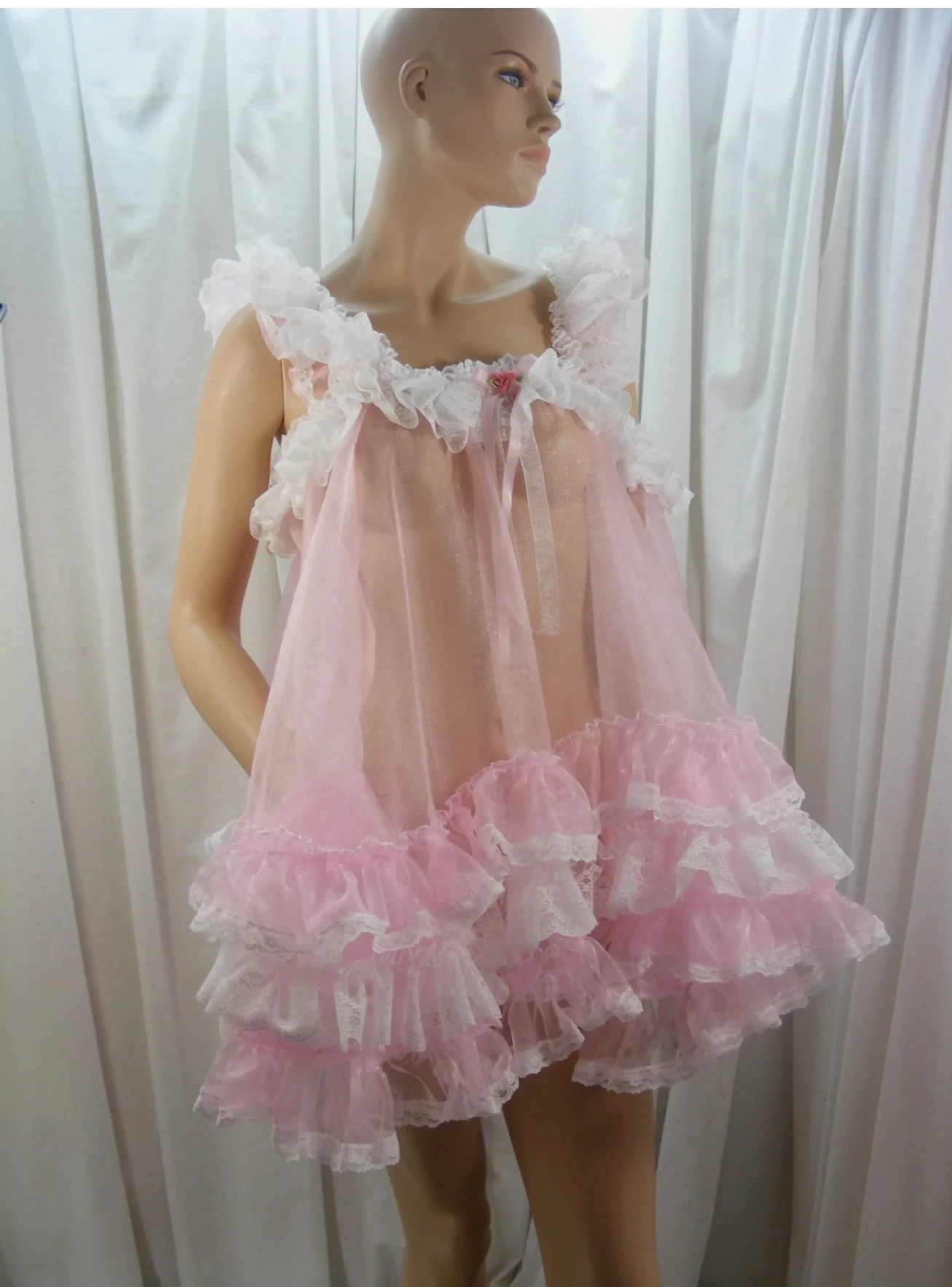 

Pink organza lace with multiple layers of base pleats translucent cross dressing pedophile sissy maid dressing up role-playin