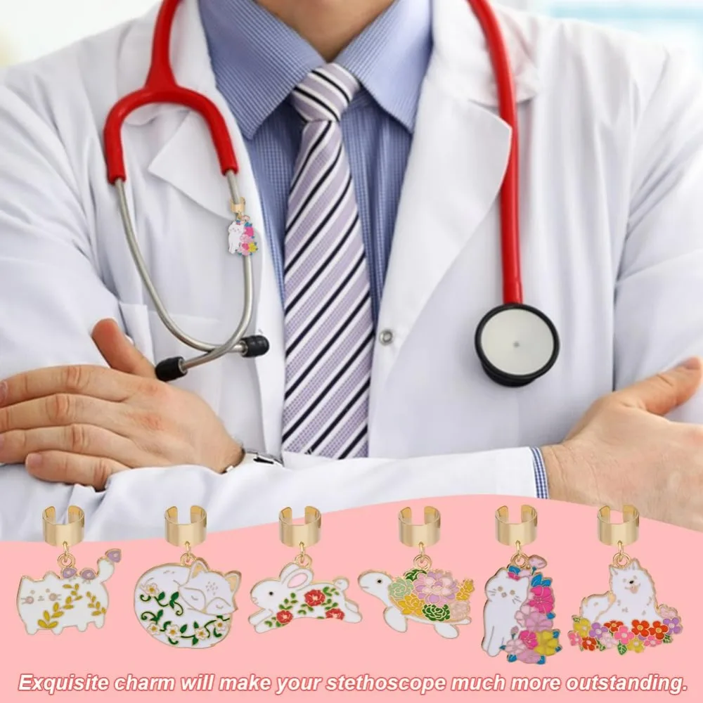 12 Uds. 6 estilos dijes de estetoscopio tema Animal aleación esmalte estetoscopio colgante decoraciones estetoscopio etiqueta de nombre de identificación con hallazgos