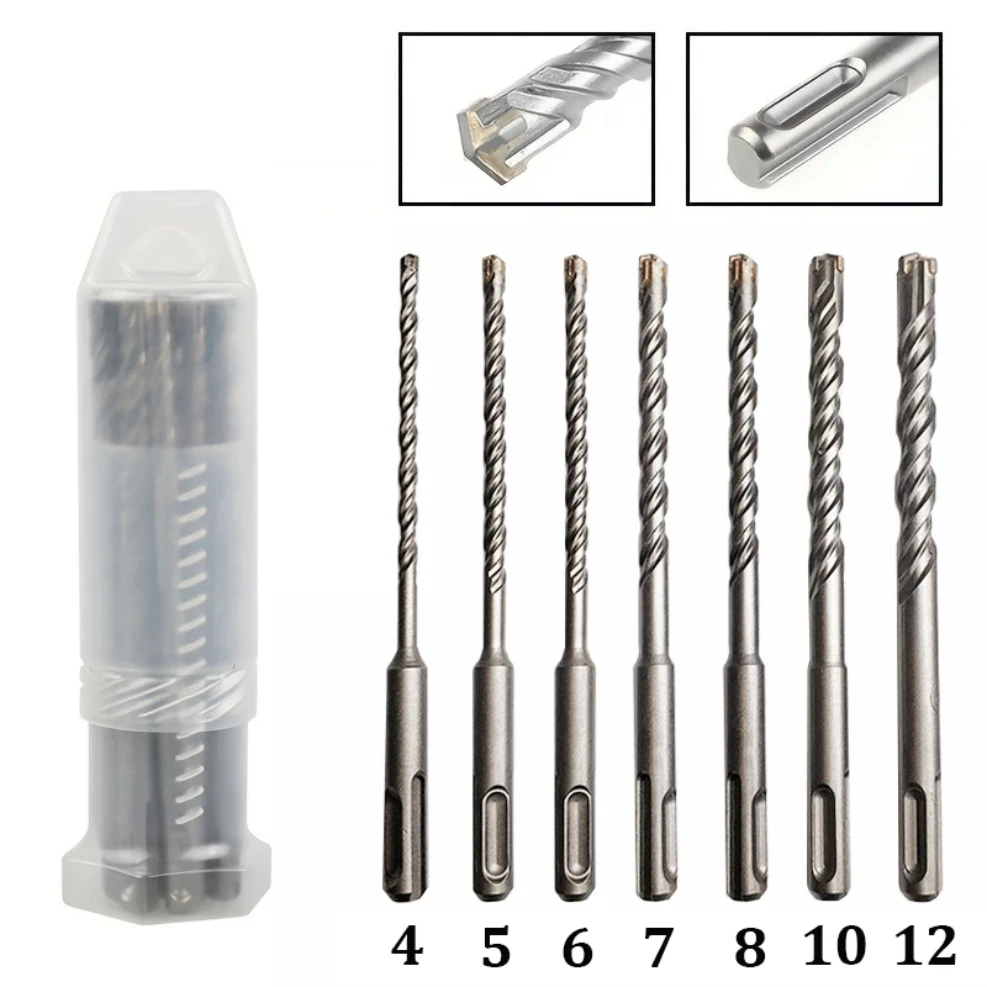 SDS Plus Drill Bit Set 7 Pieces, Concrete Drill Bit 110mm(Diameter4, 5, 6, 7, 8, 10,12mm), Hammer Drill Bit with 4 Cutting Edges