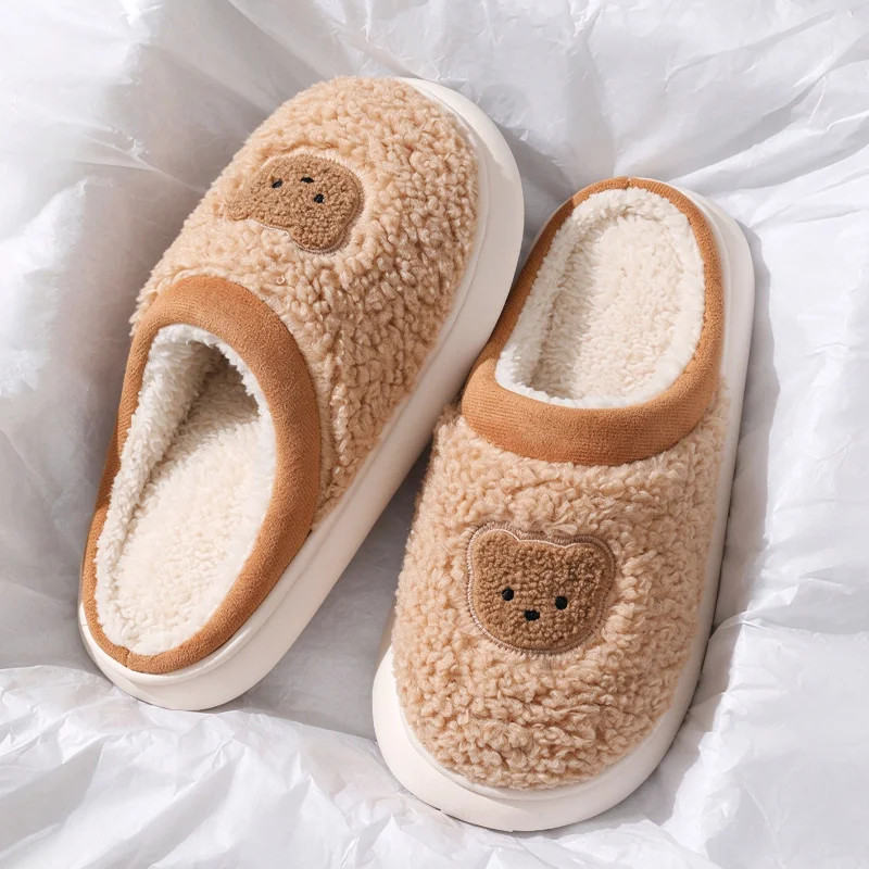 Soft Soled Cartoon Bear Platform Plush Slippers Women Thicken Warm Lambswool Indoor Home Cotton Slides Couple Non Slip Shoes 45