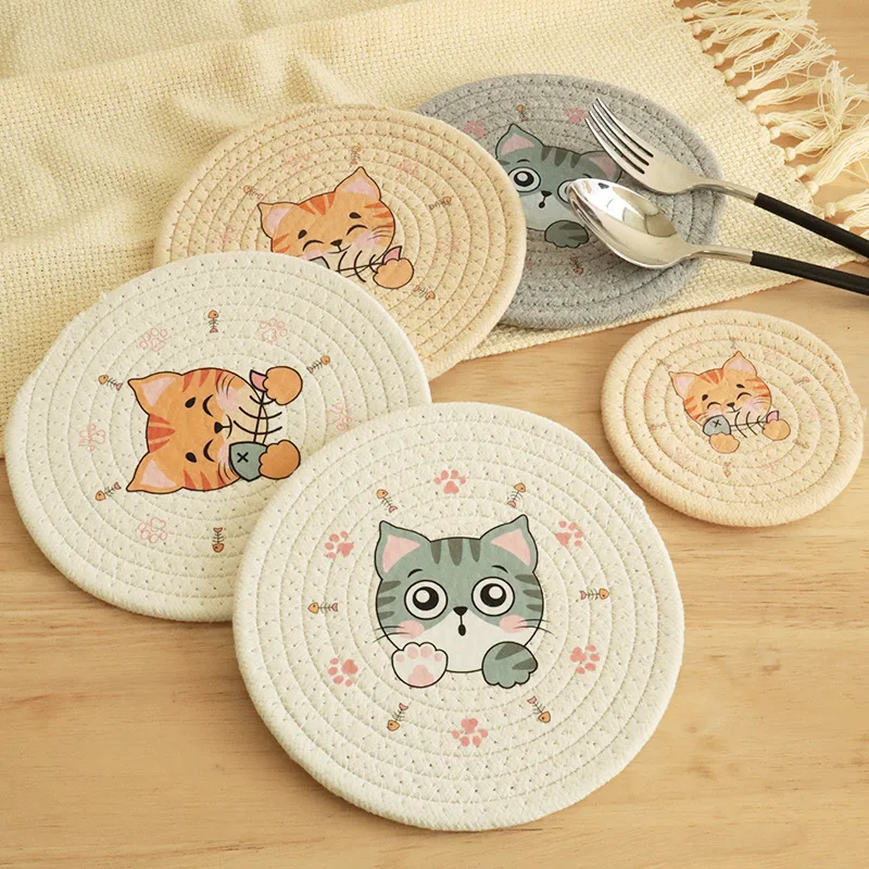 

10pcs 12/18cm Cat Cotton Weaving Dining Table Placemat Dinner Plate Baking Coffee Pads Mats Round Insulation Placemat