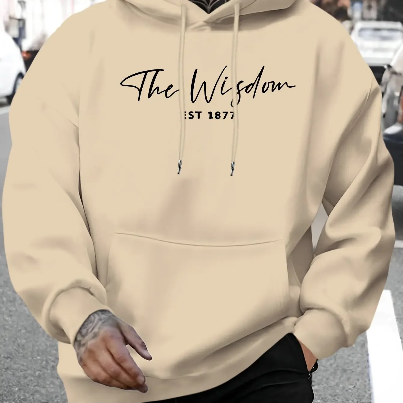 Simple Elegant Script The Wisdom EST 1877 Letter Printed Hooded Sweatshirt Men Casual Loose Unisex All Match Long Sleeve Hoody