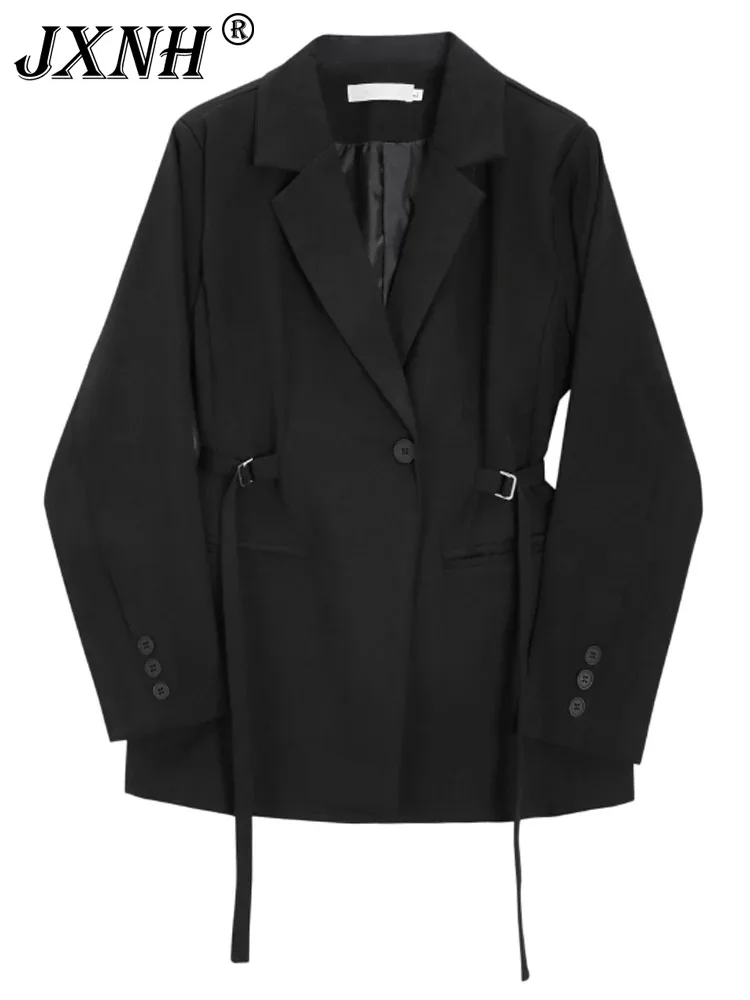 

Black Bandage Buckle Causal Blazer Women New Lapel Long Sleeve Loose Fit Jacket Fashion Tide Spring Autumn 2024