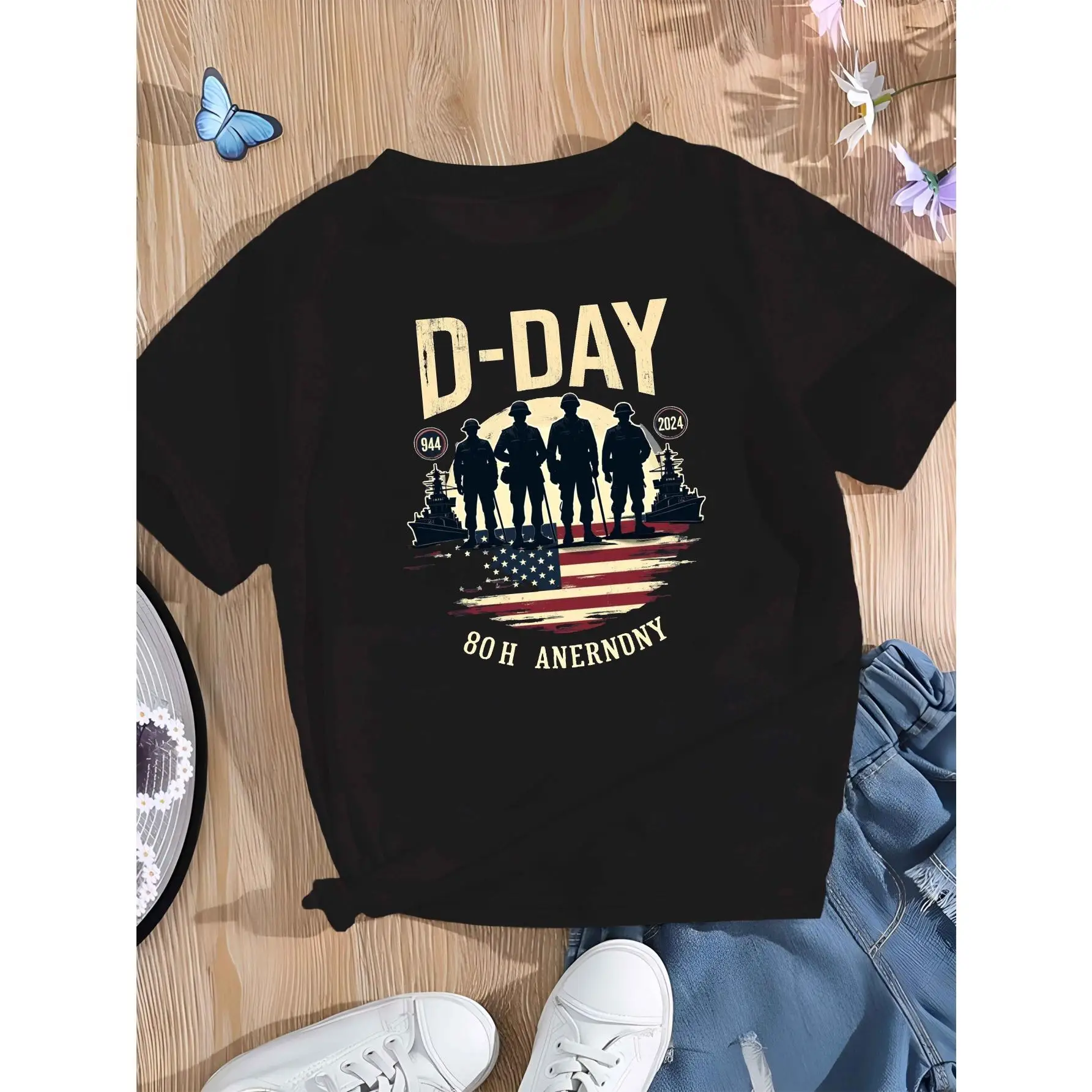 

D-Day 80th Anniversary T-Shirt Men's Women's US Flag Military Veteran Memorial Day Gift Patriotic Graphic Tee