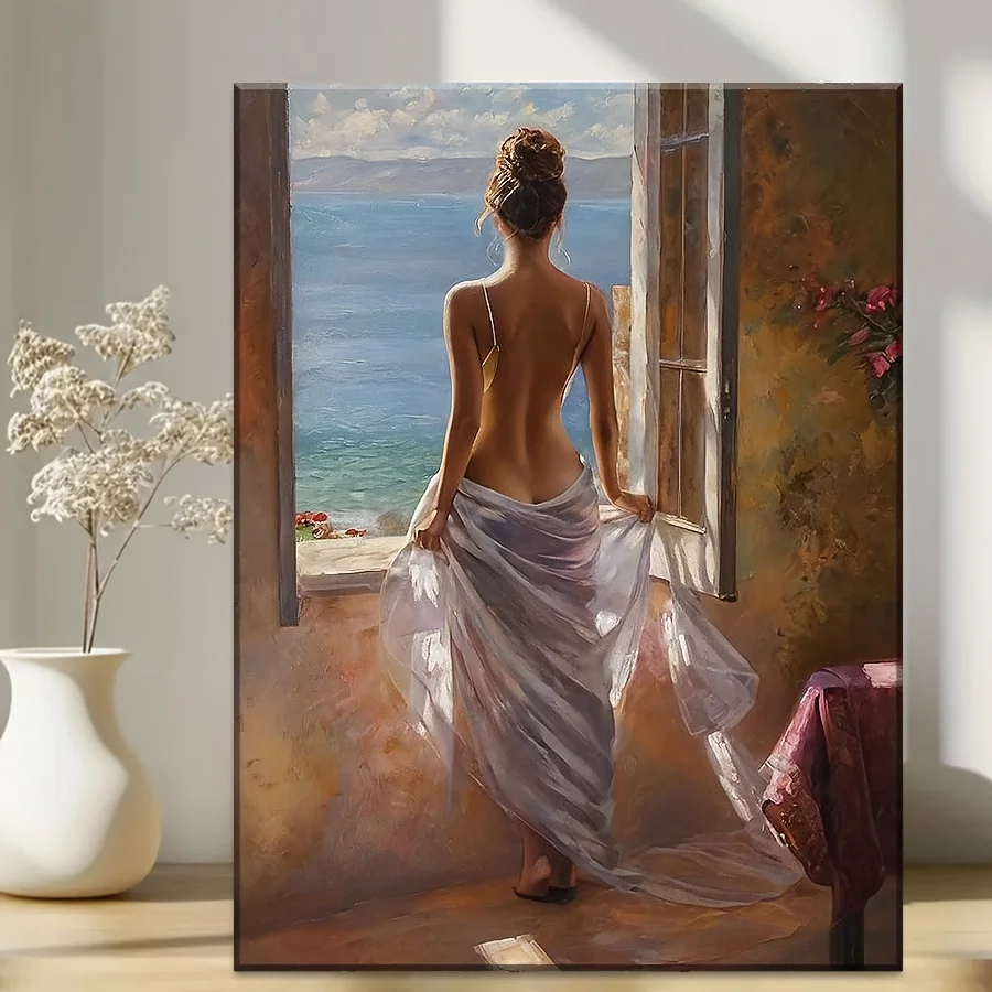 Elegant Mediterranean Canvas Wall Art - HD Seaside Painting with Wood Frame for Serene Home Decor, Ocean Theme Decoration
