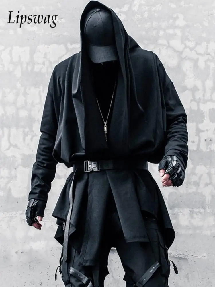 Fashionable Midi Jackets Mens Fall Gothic Design Solid Color Loose Breath Capes Men Streetwear Vintage Hooded Long Sleeve Coats
