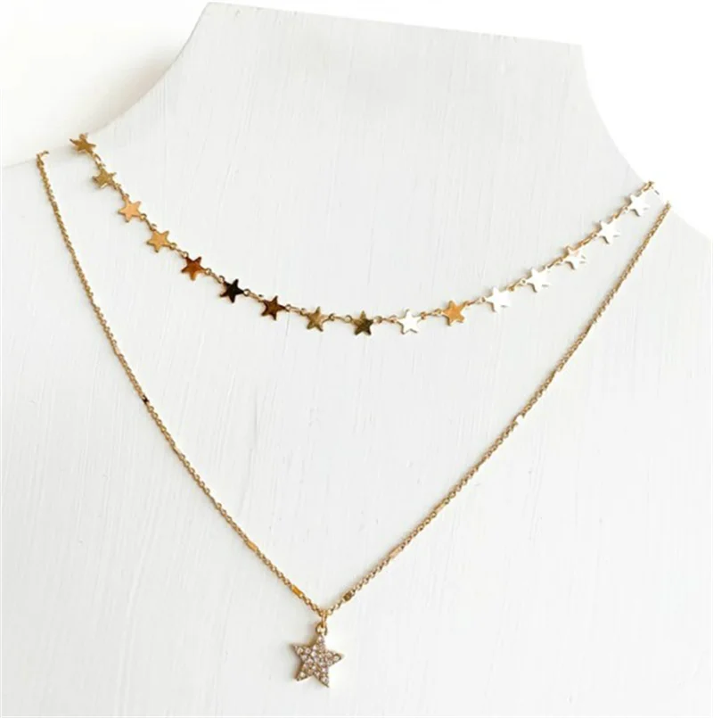 Geometric Star Layered Pendant Necklace Set for Women Star-Shaped Link Chain Necklaces Fashionable Neck Jewelry Y2K Accessories