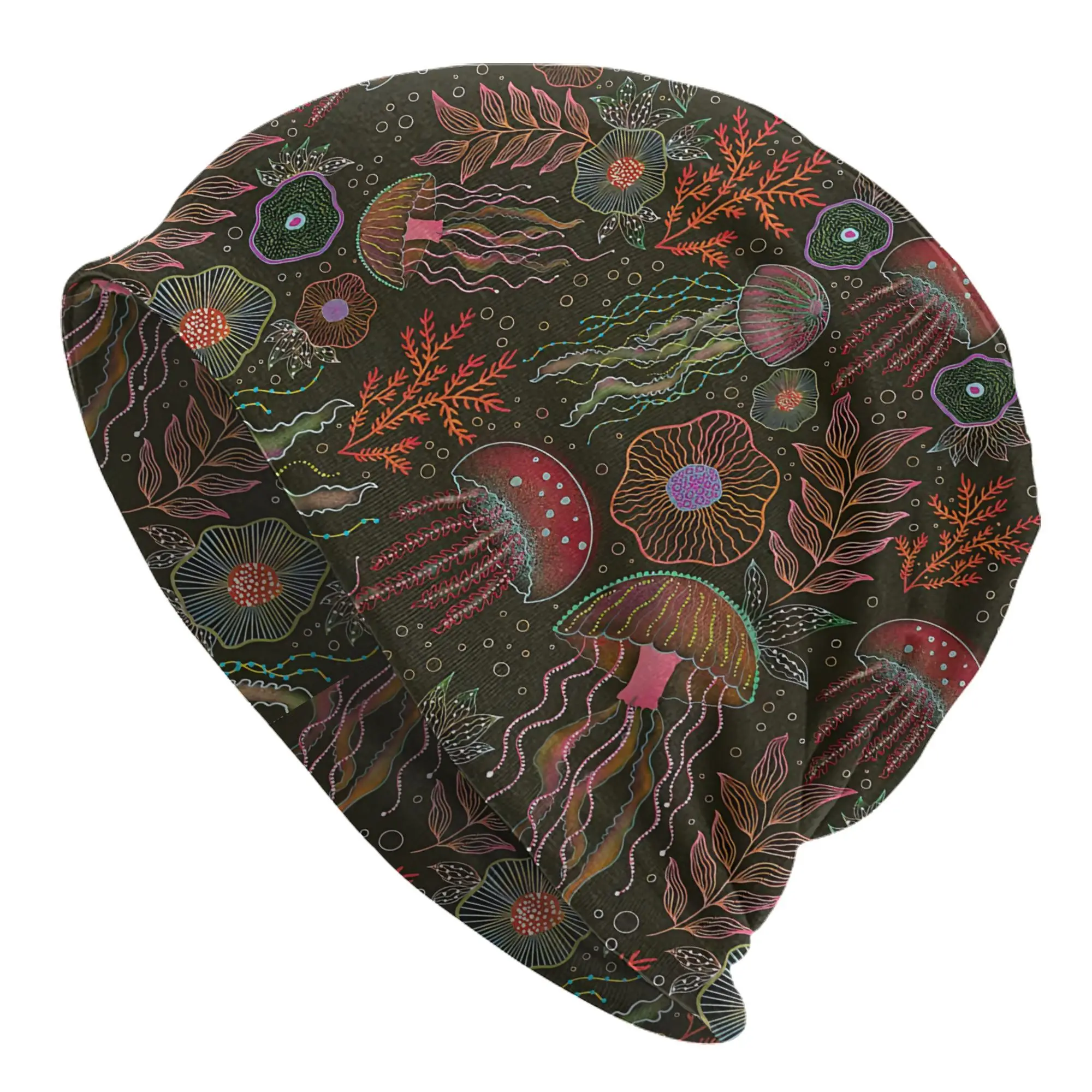 1pc Fashionable Jellyfish Print Knit Beanie Hat, Polyester 95% Elastane 5% Stretchy Skull Cap for Sports and Casual Wear