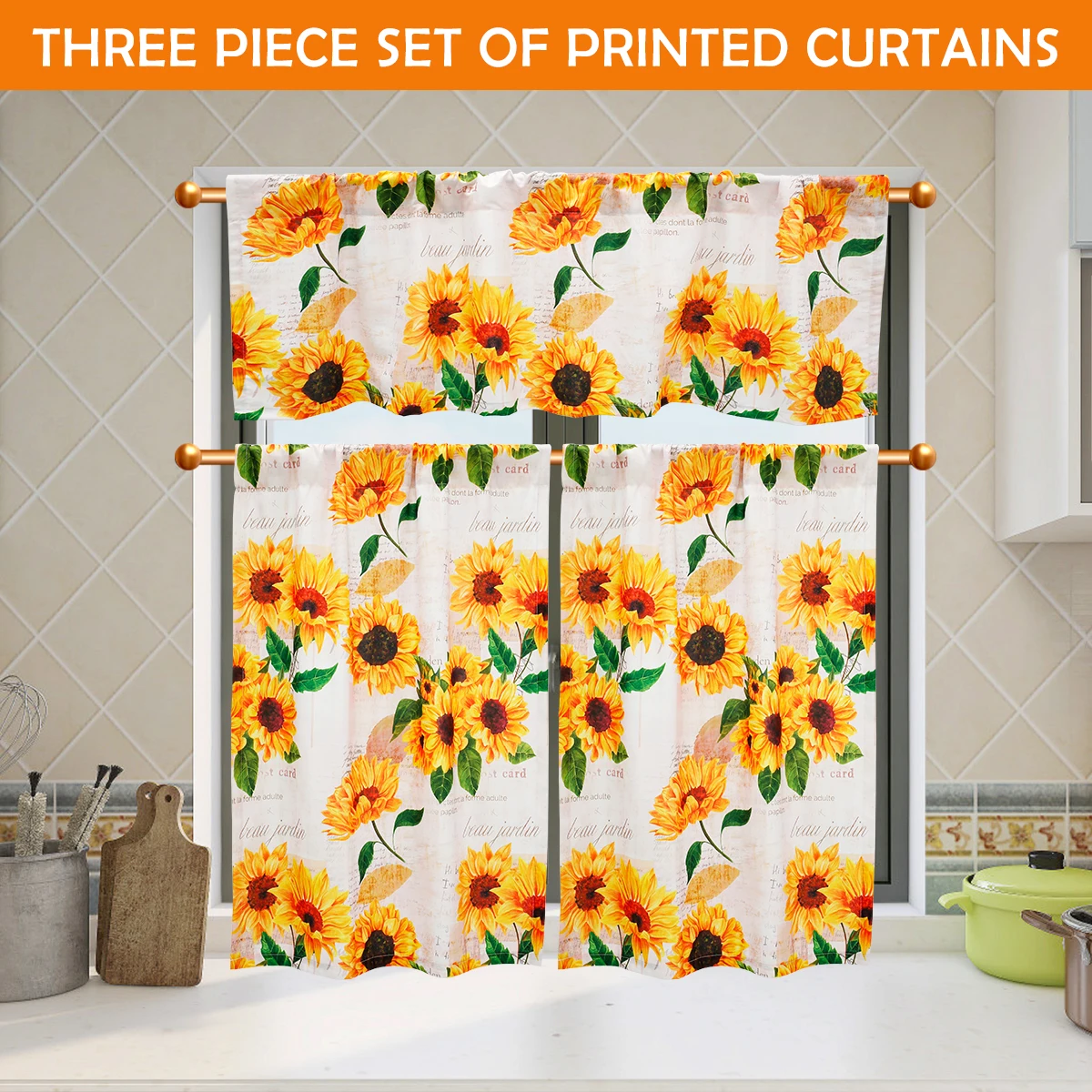 3Pcs Valance and Tier Curtains for Windows Sunflower Kitchen Curtain Set Light Filtering with Wide Rod Pocket Polyester Kitchen