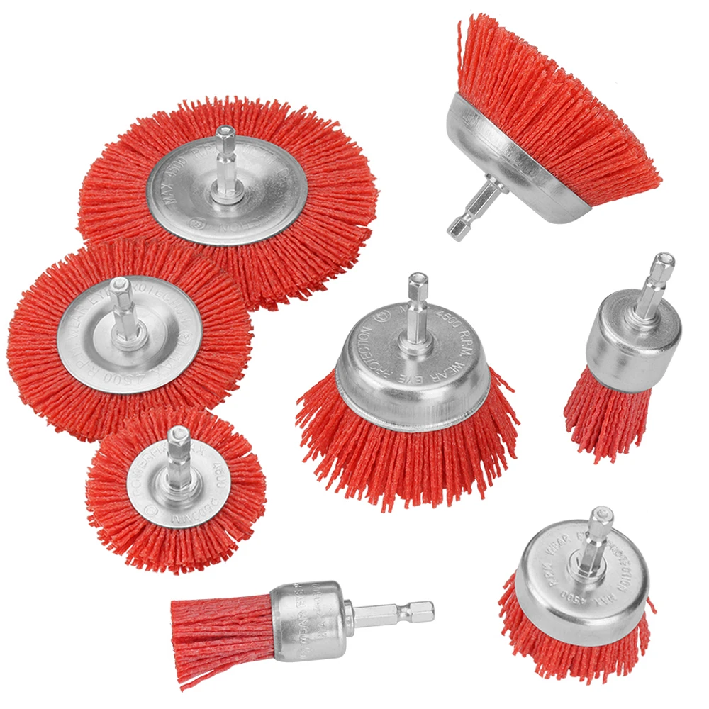 8PC 1/2/3/4in Wire Wheel Brush Nylon Cup Brush Abrasive 1/4inch Shank for Wood Metal Polishing Deburring Cleaning Rotary Tools