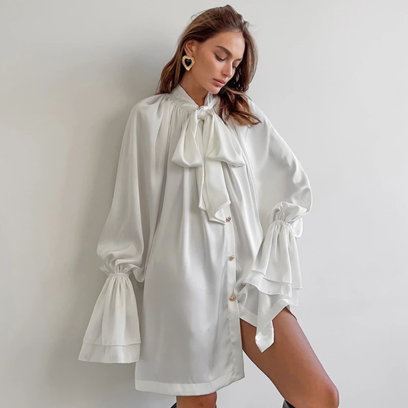 

Design sense satin complexion Ding palace lace up dress for spring and summer new cross-border ribbon collar A-line skirt