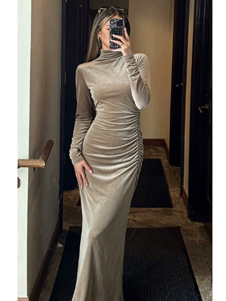 Damska seksowna długa sukienka 2025 jesień zima nowa sukienka z dekoltem typu O, długimi rękawami, marszczona, aksamitna, długa sukienka elegancka, modna sukienka wieczorowa